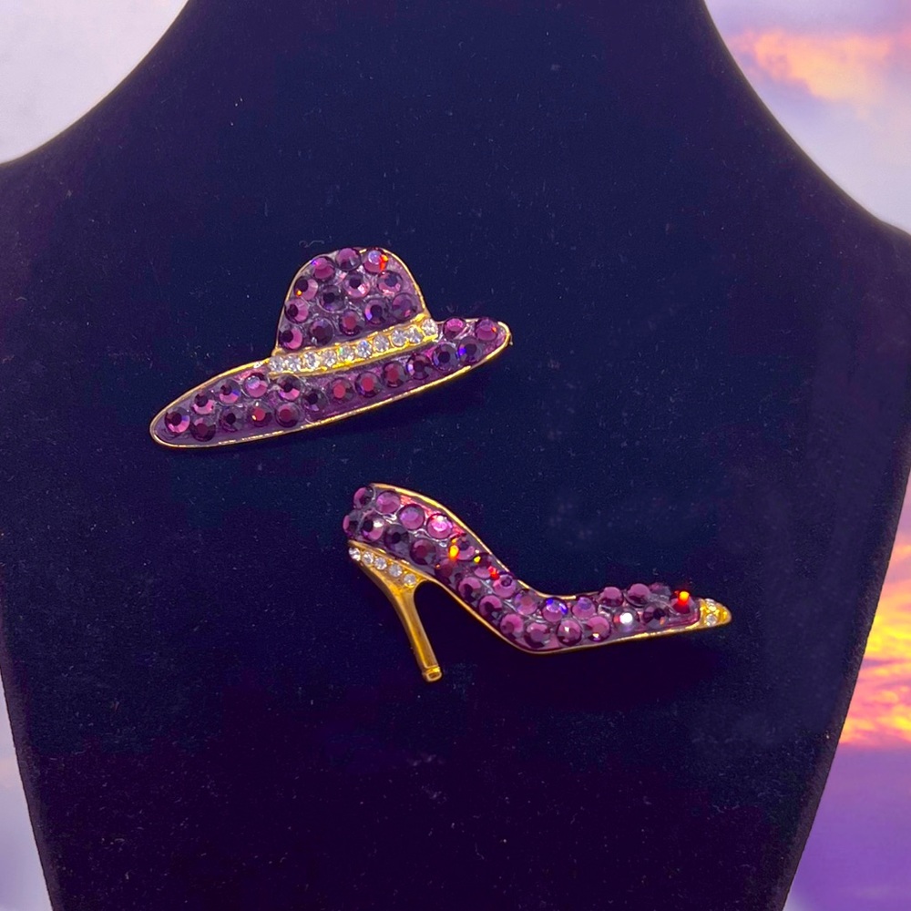 Vintage Set Bejeweled Amethyst Rhinestone Ladies Hat & Shoe Brooch/Pins